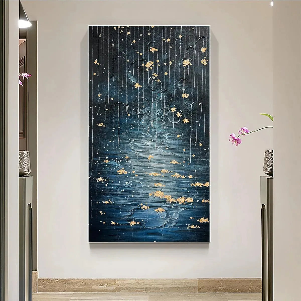 GOLDEN FALLS: Abstract Waterfall Painting, Blue and Gold, Vertical Canvas, Modern Wall Art - Image 2