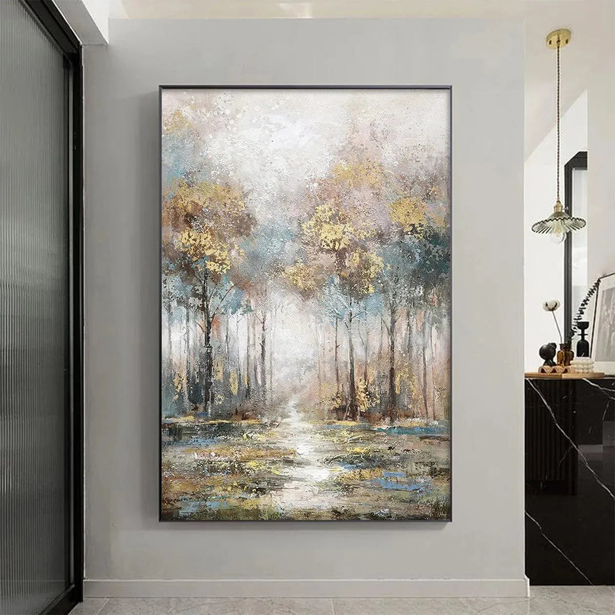 GOLDEN FOREST PATH: Textured Forest Landscape Painting, Vertical Wall Art - Image 7
