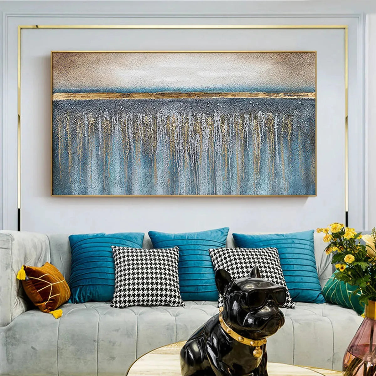 GOLDEN HORIZON: Panoramic Abstract Oil Painting with Gold and Blue - Image 6