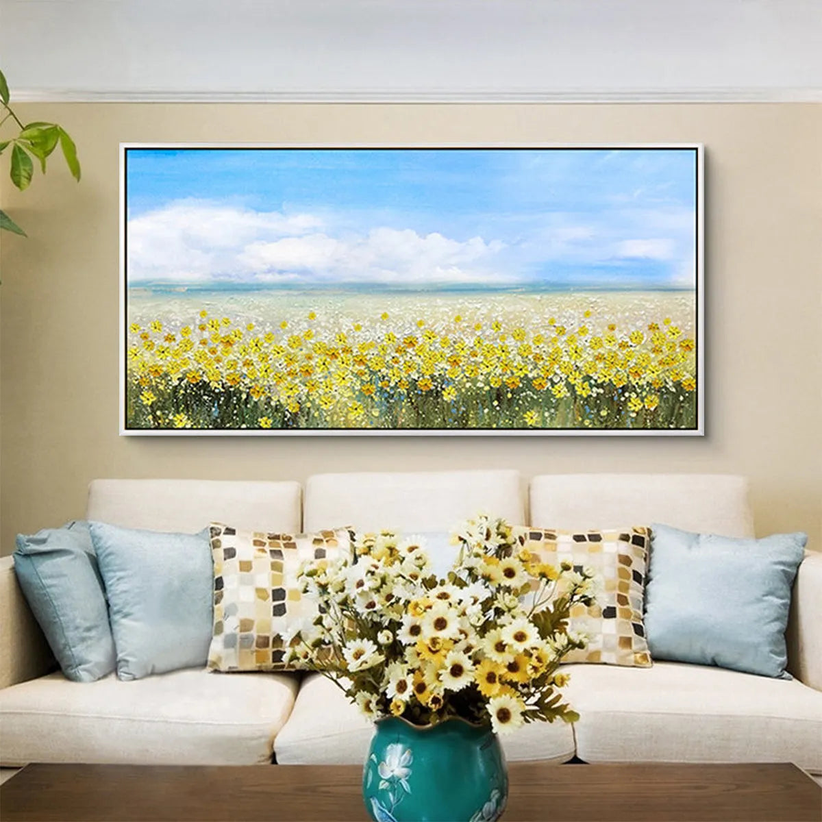 GOLDEN HOUR BLOOM: Landscape Oil Painting with Yellow Wildflowers and Blue Sky - Image 7