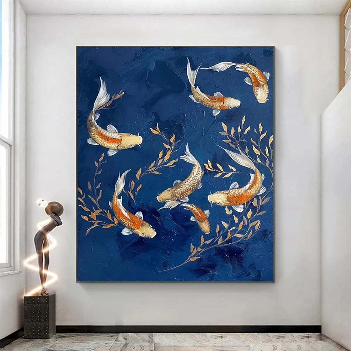 GOLDEN KOI: Vertical Koi Fish Painting on Blue Background - Image 4