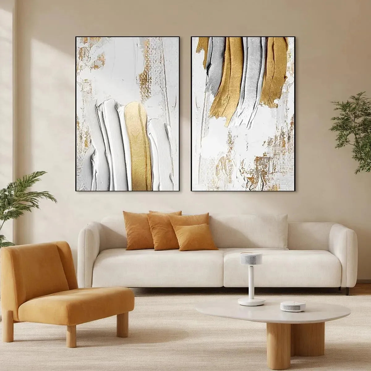 GOLDEN LINES DIPTYCH: Textured Abstract Painting Set of 2, Vertical Wall Art - Image 2