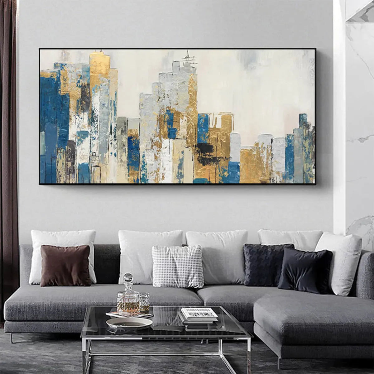 GOLDEN METROPOLIS: Abstract Cityscape Oil Painting in Gold and Blue - Image 2