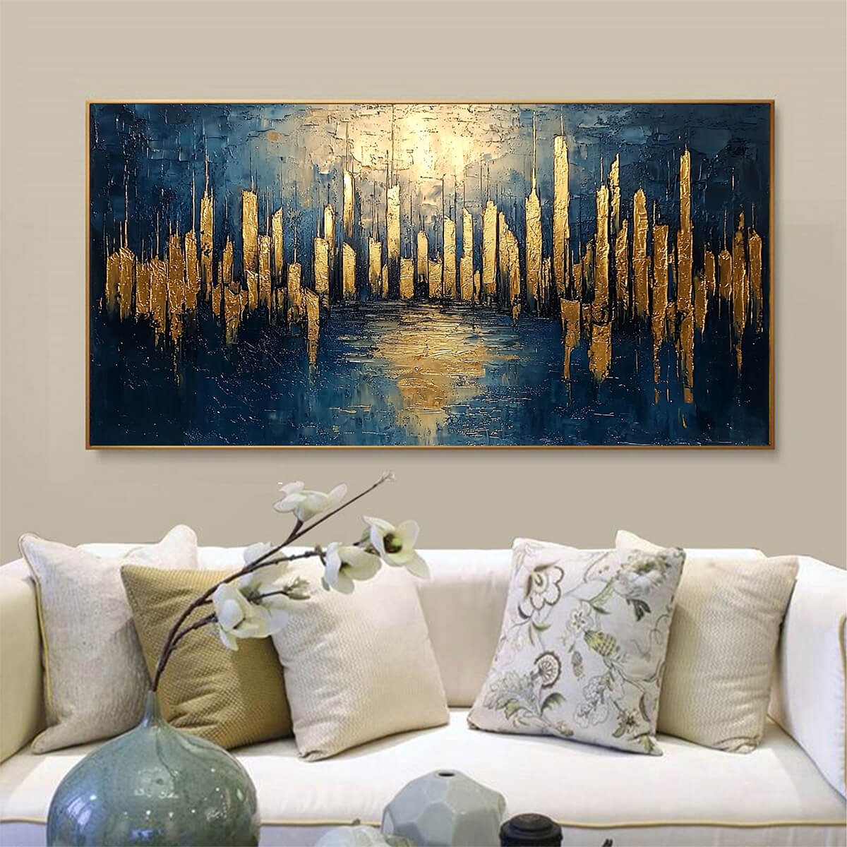 GOLDEN METROPOLIS: Panoramic Cityscape Oil Painting - Image 2