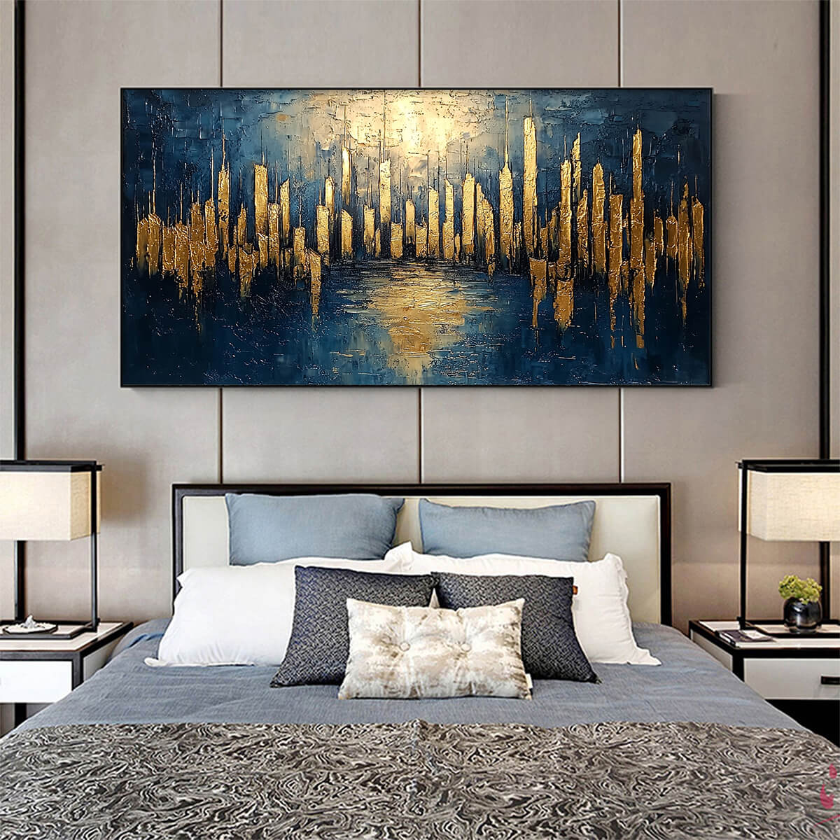 GOLDEN METROPOLIS: Panoramic Cityscape Oil Painting - Image 7