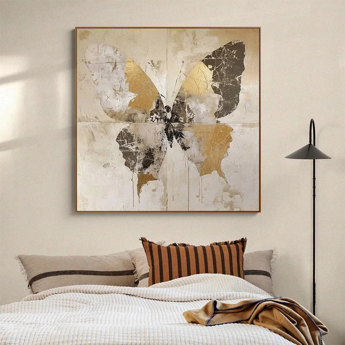 GOLDEN MONARCH: Gold Butterfly Painting, Square Canvas Art, Textured Wall Art, Beige and Gold Decor - Image 4