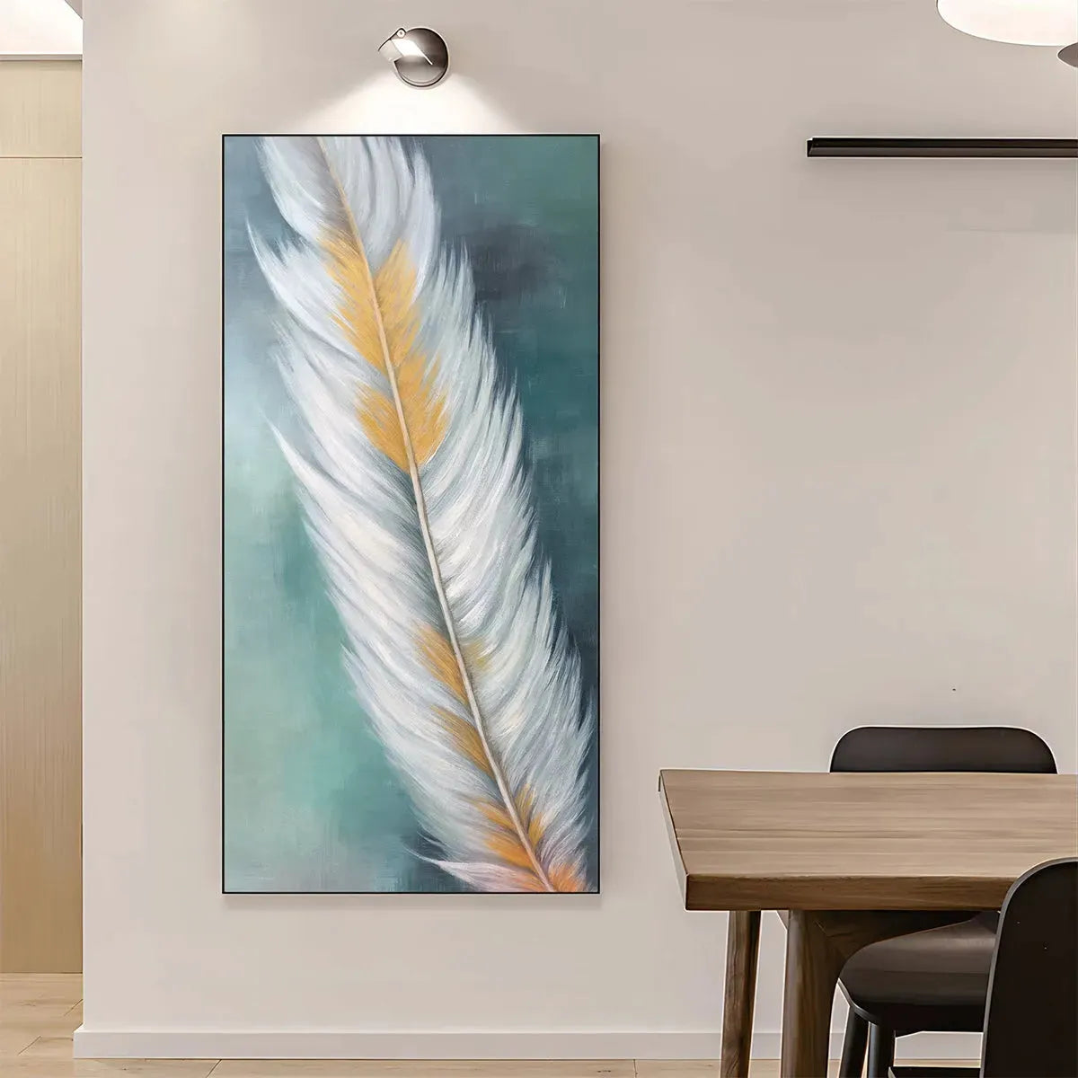 GOLDEN QUILL: White and Gold Feather Painting, Green Background Wall Art, Vertical Canvas, Minimalist Decor - Image 7