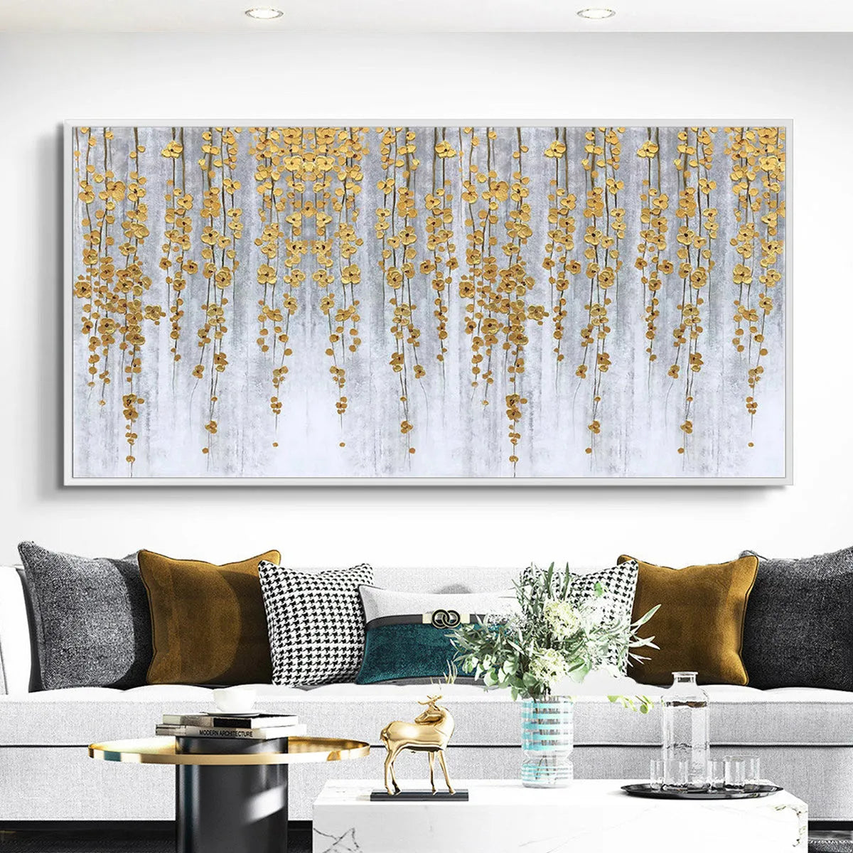 GOLDEN RAIN: Minimalist Floral Oil Painting in Gold and Grey - Image 2
