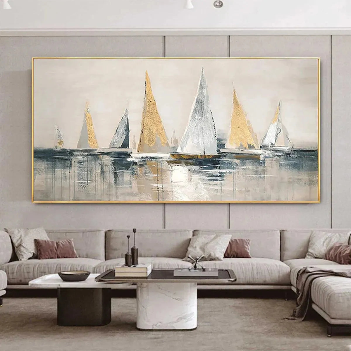 GOLDEN SAILBOATS: Textured Seascape Painting, Horizontal Wall Art - Image 8