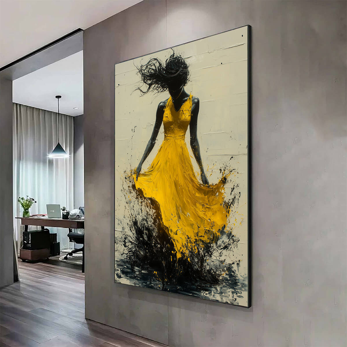 GOLDEN WHIRL: Textured Impasto Figurative Oil Painting of Woman in Yellow Dress - Image 3