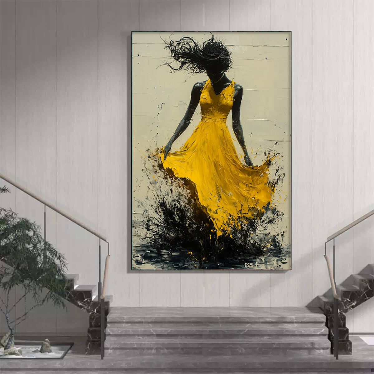 GOLDEN WHIRL: Textured Impasto Figurative Oil Painting of Woman in Yellow Dress - Image 2