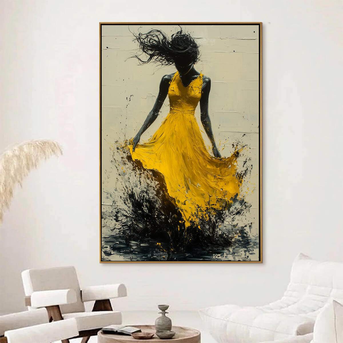GOLDEN WHIRL: Textured Impasto Figurative Oil Painting of Woman in Yellow Dress - Image 4