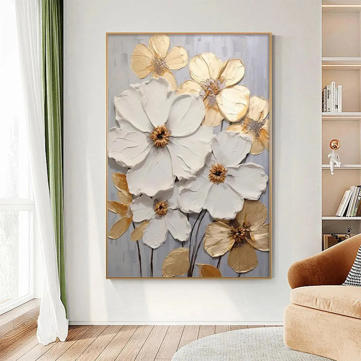GOLDEN WHISPERS: Textured Floral Painting, Gold and White Wall Art, Vertical Canvas, Impasto Decor - Image 6