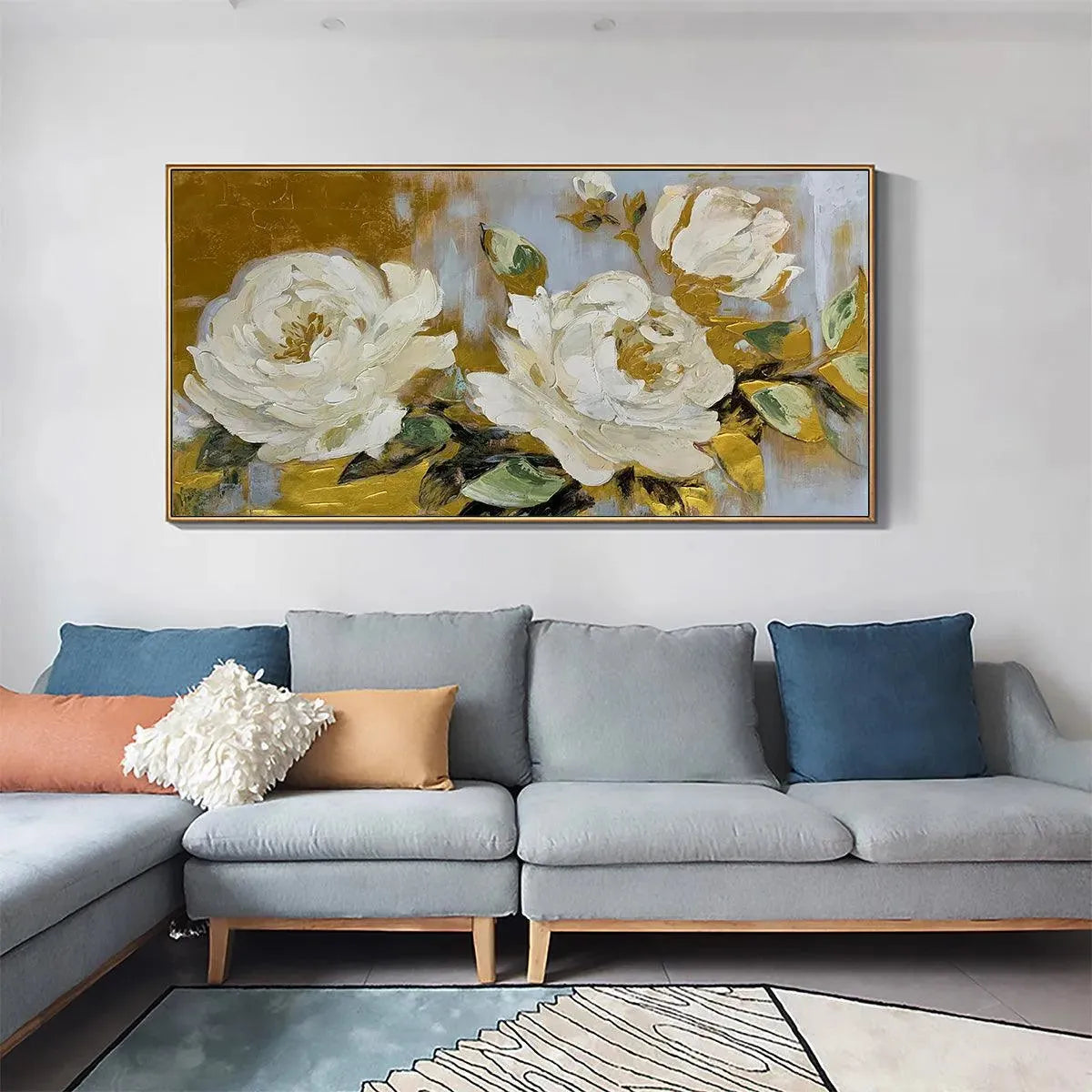 GOLDEN WHISPERS: White Floral Painting with Gold Accents, Panoramic Canvas, Elegant Wall Art for Living Room or Bedroom - Image 5