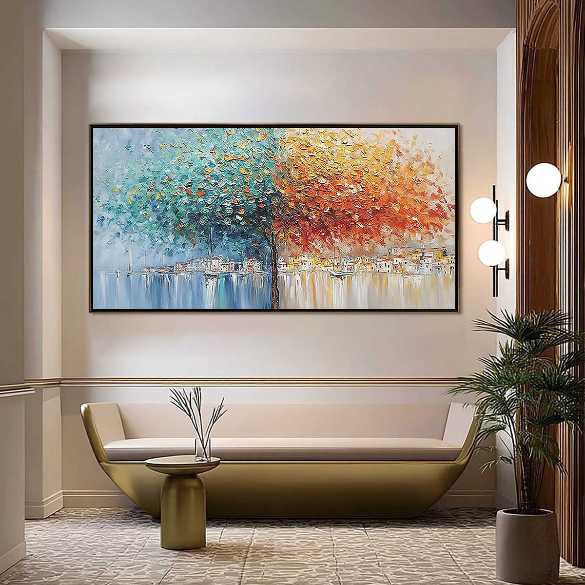 HARBOR OF HUES: Textured Palette Knife Painting of a Coastal Town - Image 2