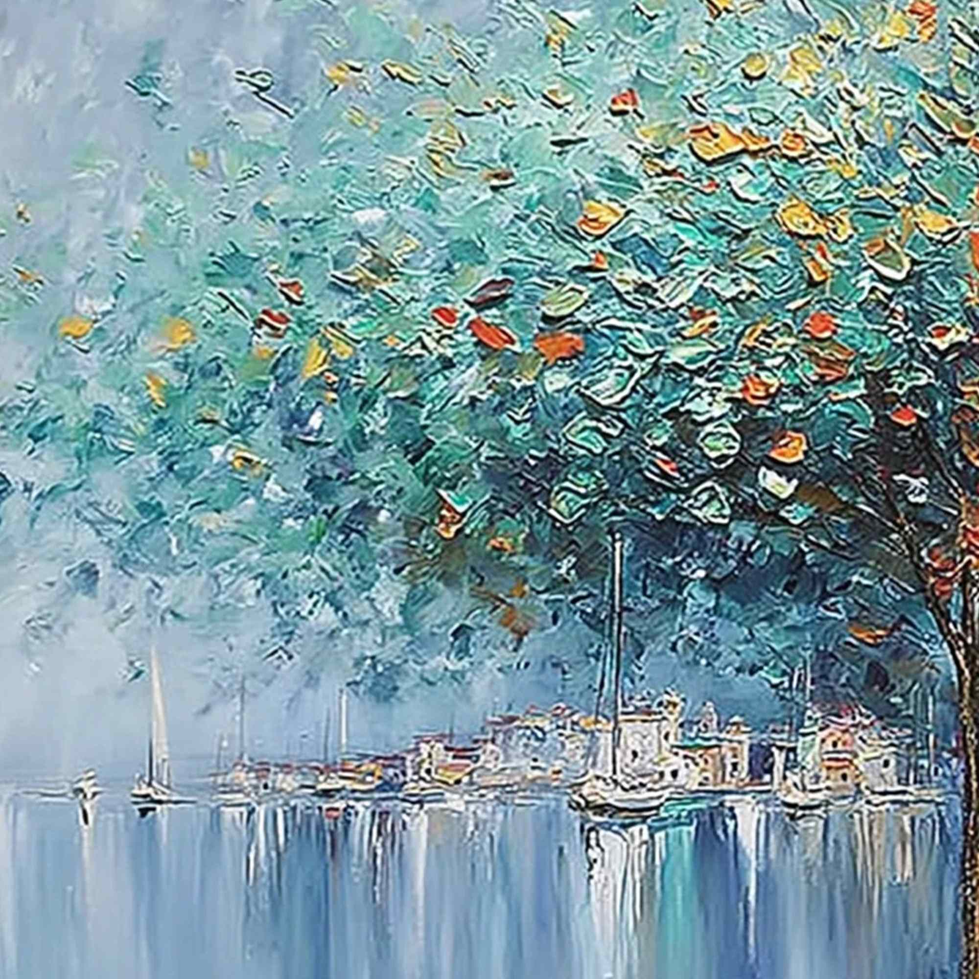HARBOR OF HUES: Textured Palette Knife Painting of a Coastal Town - Image 3