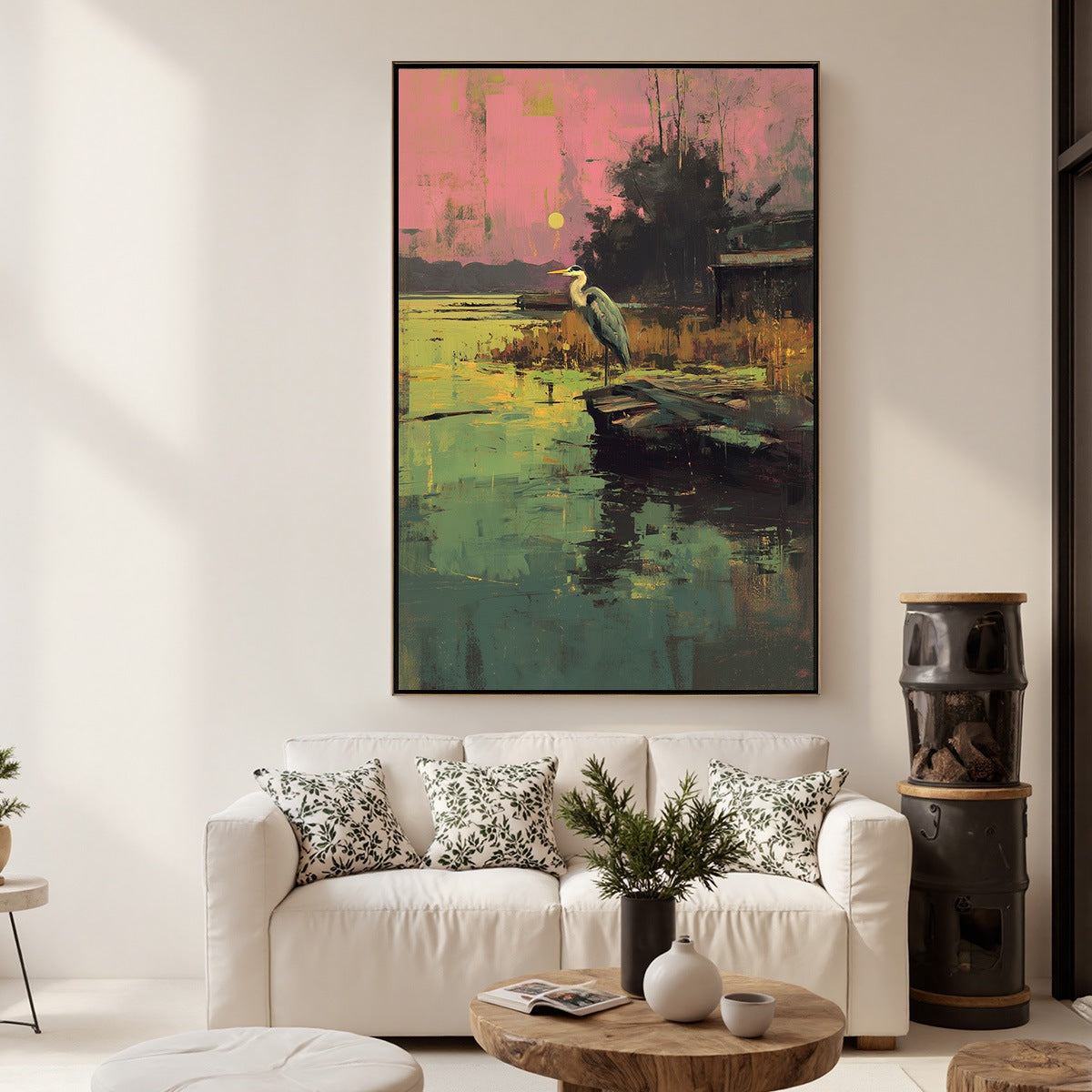 HERON'S REPOSE: Expressive Vertical Wildlife Painting of a Heron at Sunset - Image 4