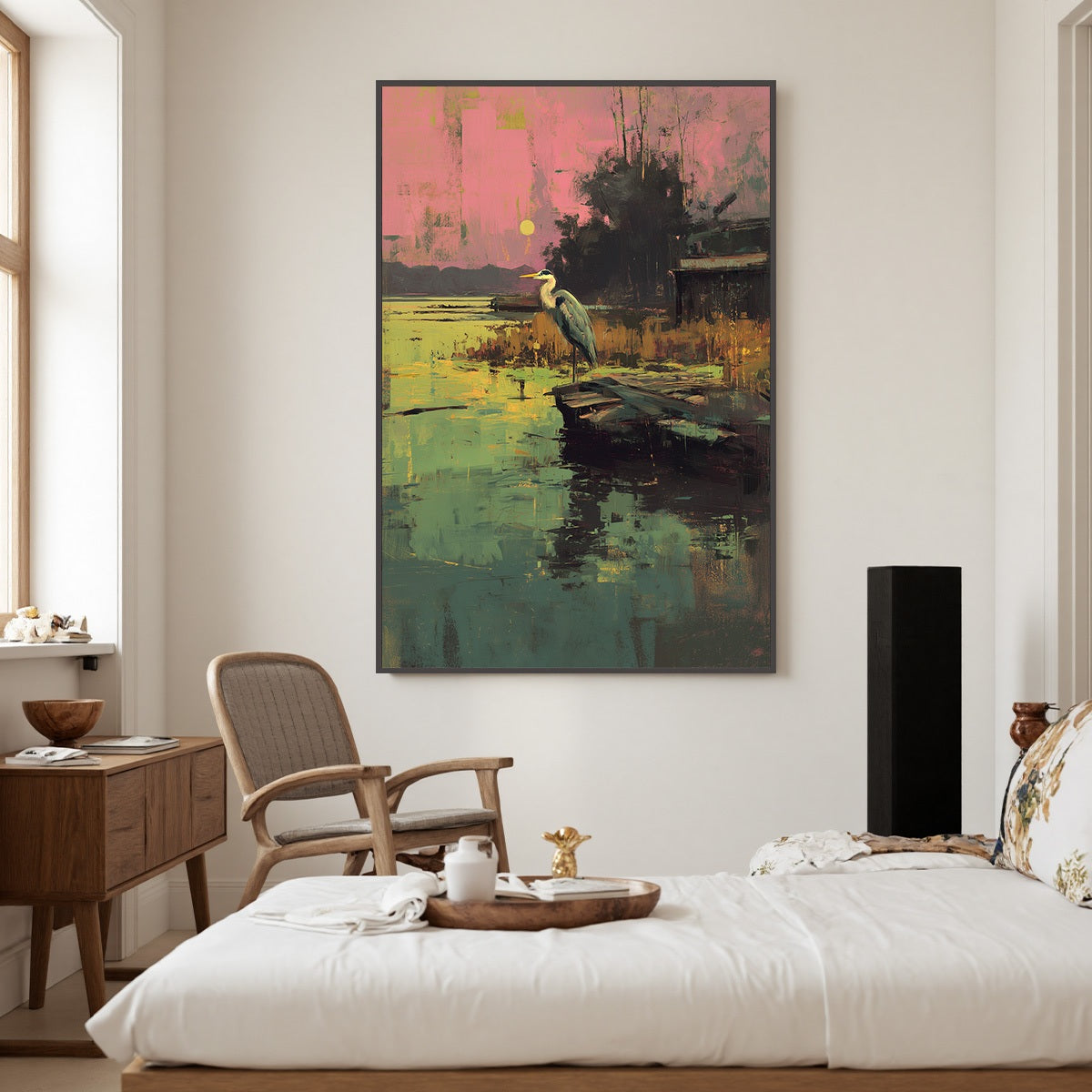 HERON'S REPOSE: Expressive Vertical Wildlife Painting of a Heron at Sunset - Image 2