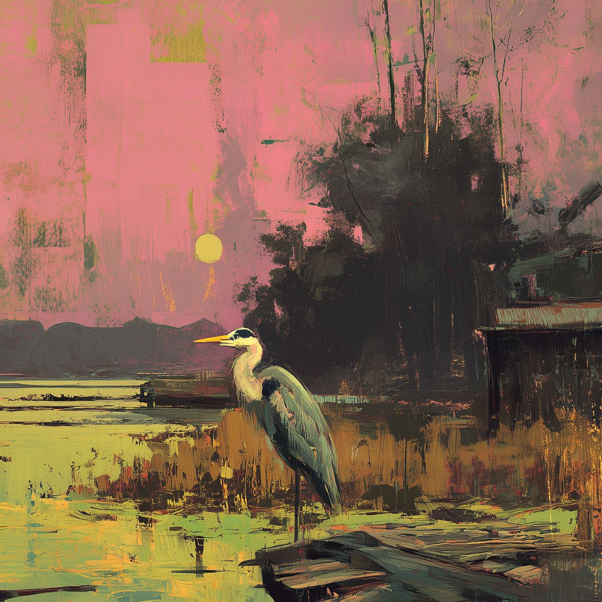 HERON'S REPOSE: Expressive Vertical Wildlife Painting of a Heron at Sunset - Image 5