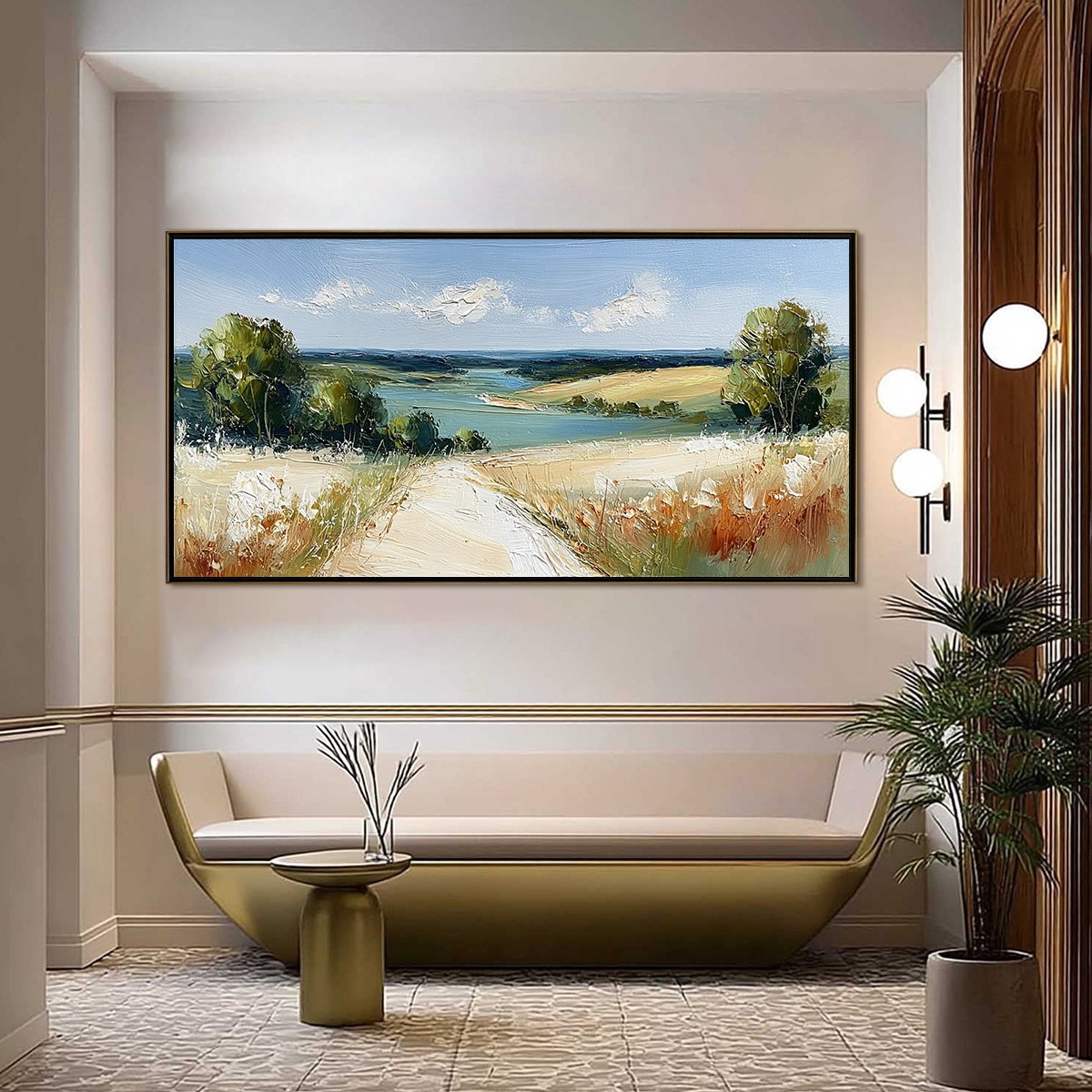 HORIZON'S EMBRACE: Textured Impasto Countryside Landscape Oil Painting - Image 4