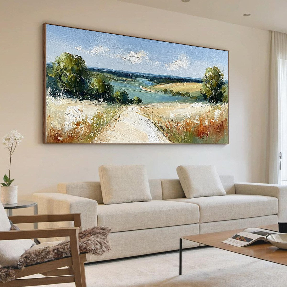 HORIZON'S EMBRACE: Textured Impasto Countryside Landscape Oil Painting - Image 7