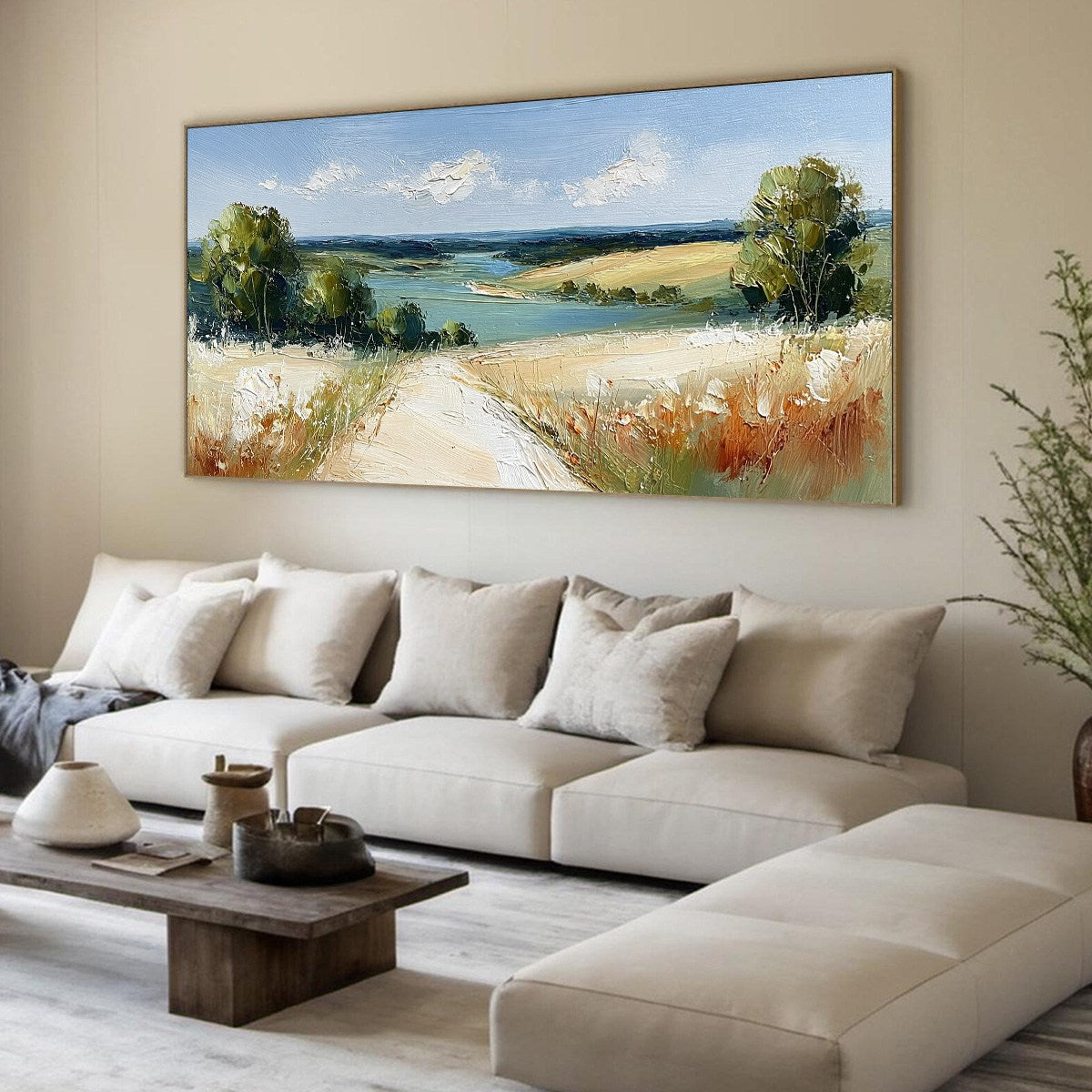 HORIZON'S EMBRACE: Textured Impasto Countryside Landscape Oil Painting - Image 8