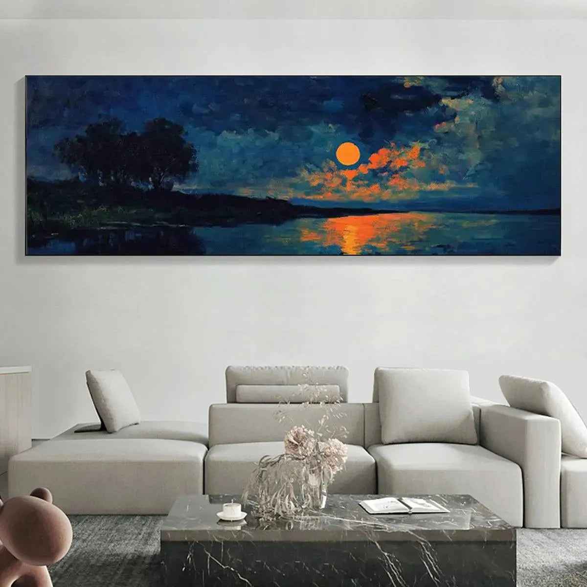 HARVEST MOON OVER THE LAKE PANORAMIC: Landscape Painting, Panoramic Wall Art, Moonlit Lake Decor - Image 7