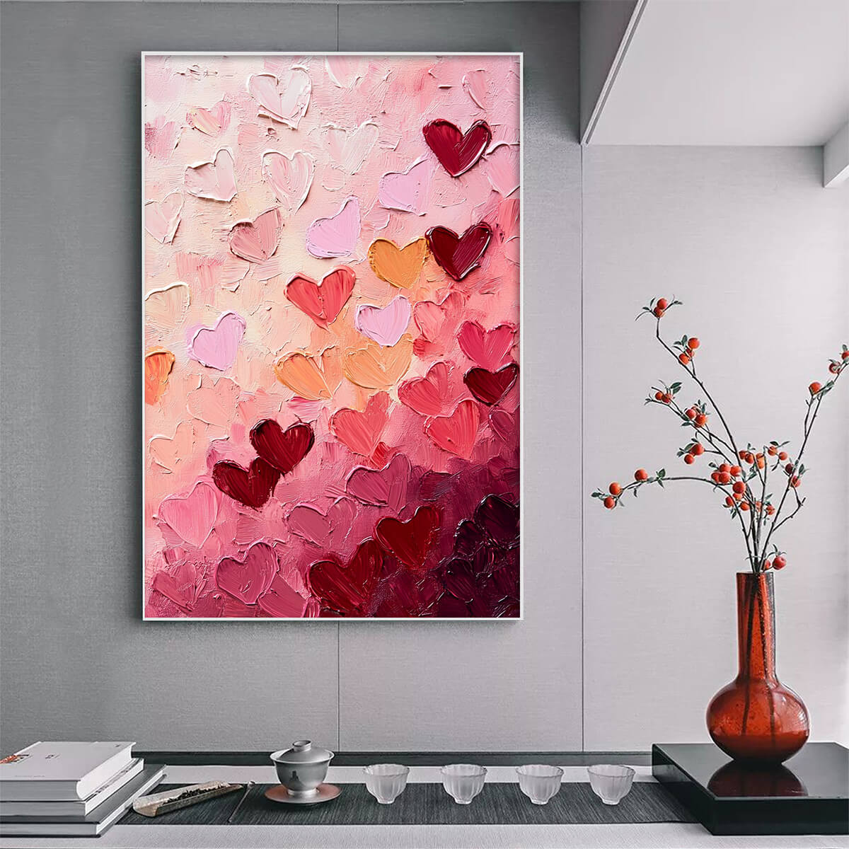 HEARTSCAPE: Textured Impasto Abstract Oil Painting in Pink and Red - Image 2