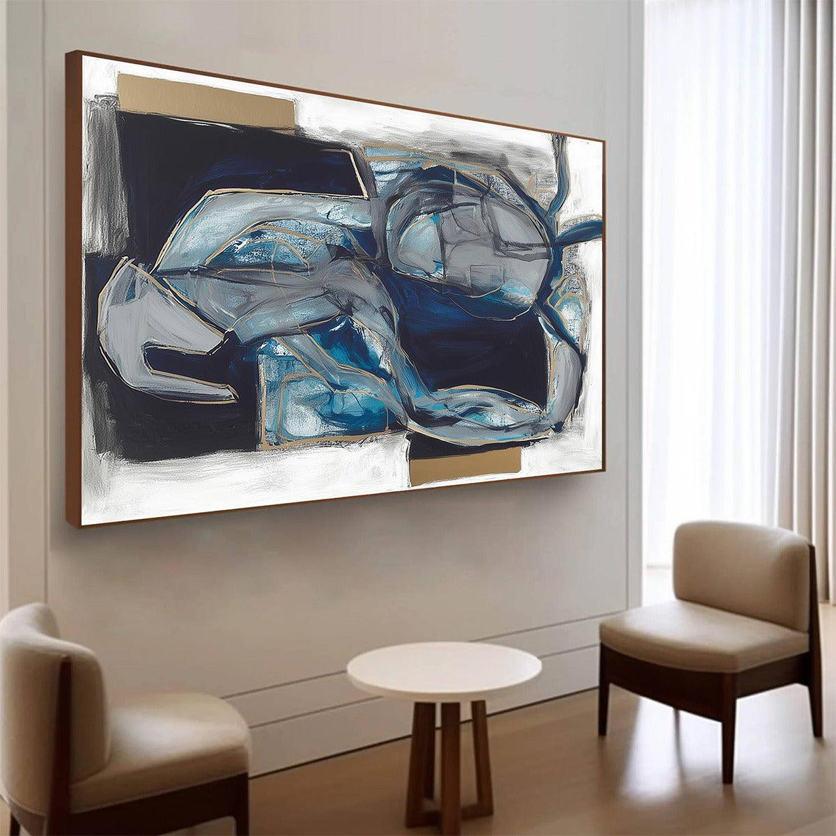 INDIGO DREAMSCAPE: Abstract Blue and Gold Oil Painting - Image 8