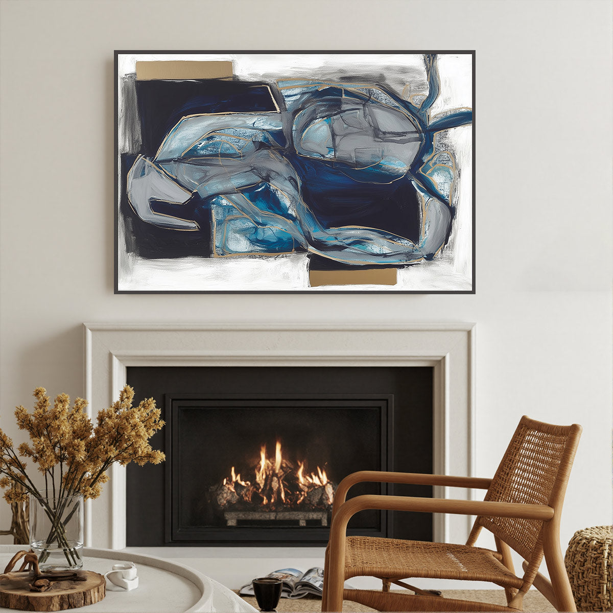 INDIGO DREAMSCAPE: Abstract Blue and Gold Oil Painting - Image 2