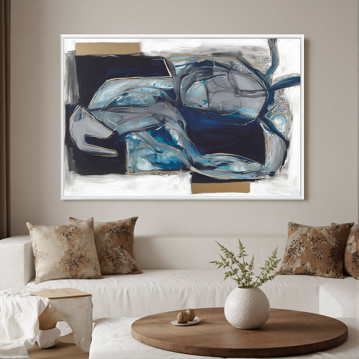 INDIGO DREAMSCAPE: Abstract Blue and Gold Oil Painting - Image 7
