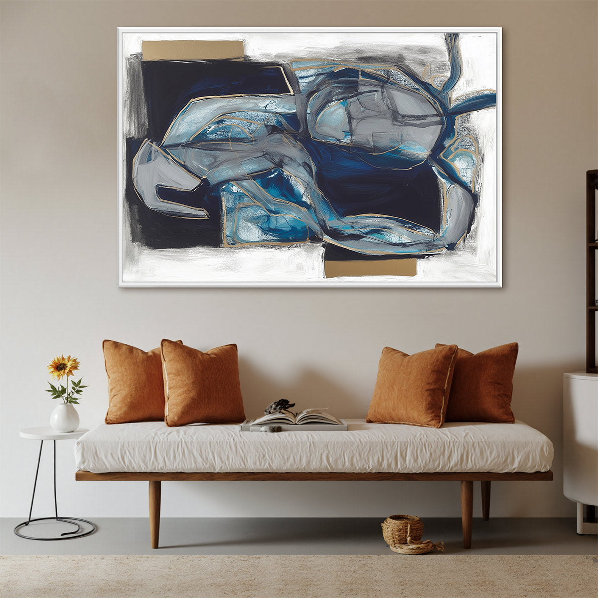 INDIGO DREAMSCAPE: Abstract Blue and Gold Oil Painting - Image 10