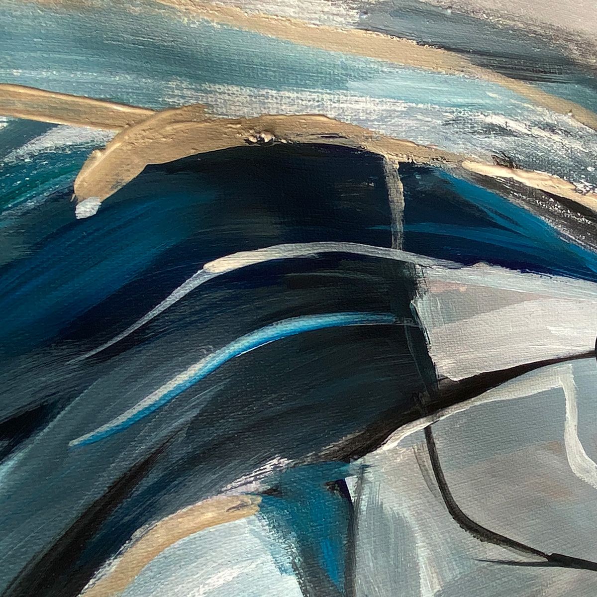 INDIGO DREAMSCAPE: Abstract Blue and Gold Oil Painting - Image 6