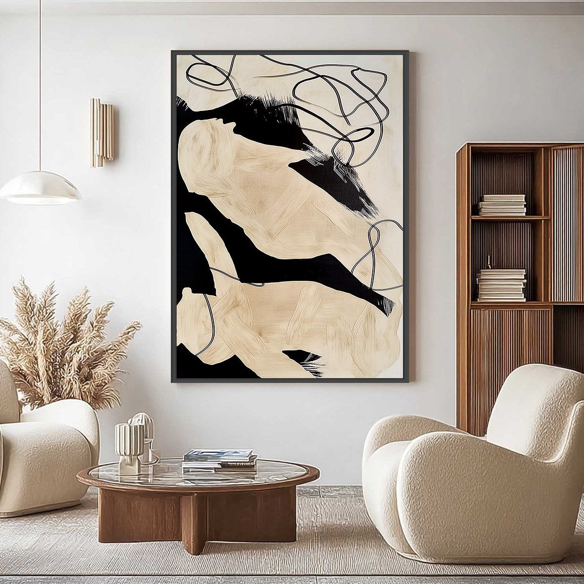 INTERTWINED: Large Vertical Minimalist Black and Beige Abstract Painting - Image 2