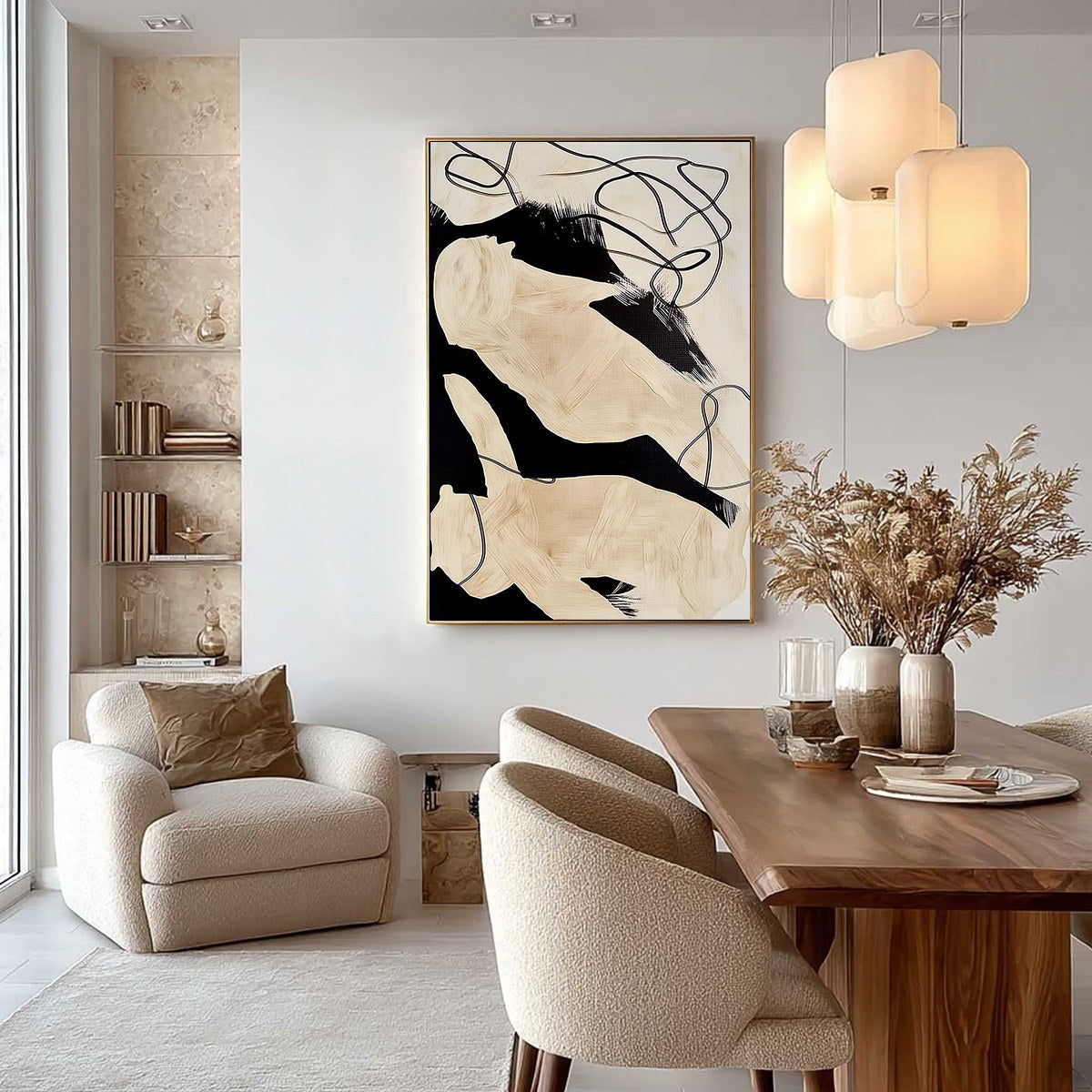 INTERTWINED: Large Vertical Minimalist Black and Beige Abstract Painting - Image 4