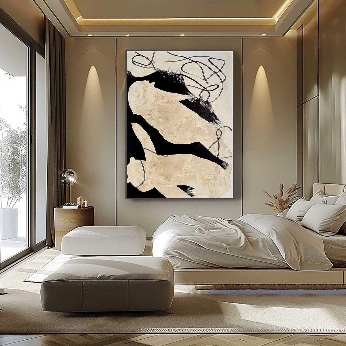 INTERTWINED: Large Vertical Minimalist Black and Beige Abstract Painting - Image 6