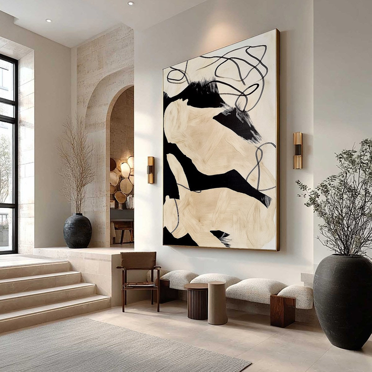 INTERTWINED: Large Vertical Minimalist Black and Beige Abstract Painting - Image 7