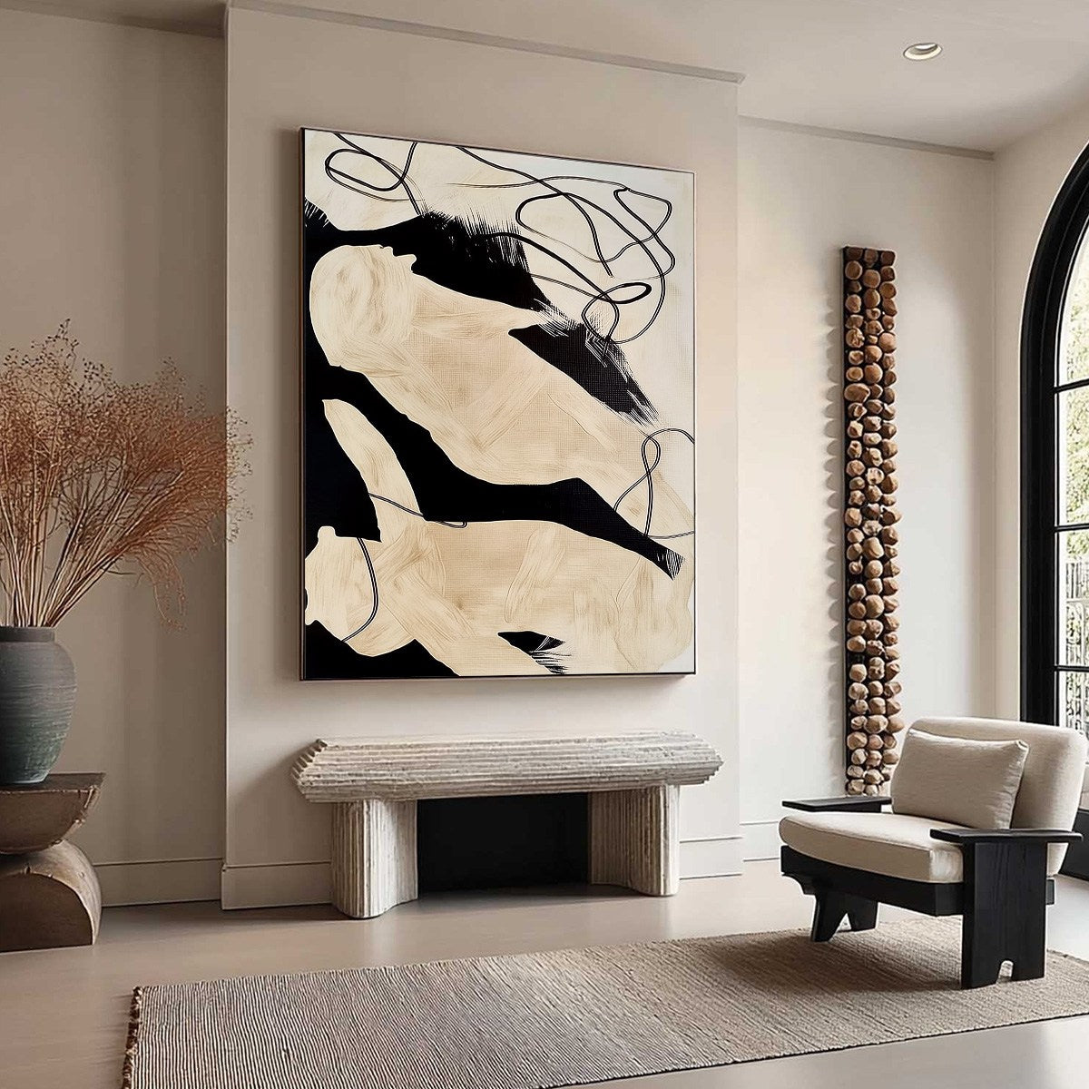 INTERTWINED: Large Vertical Minimalist Black and Beige Abstract Painting - Image 8