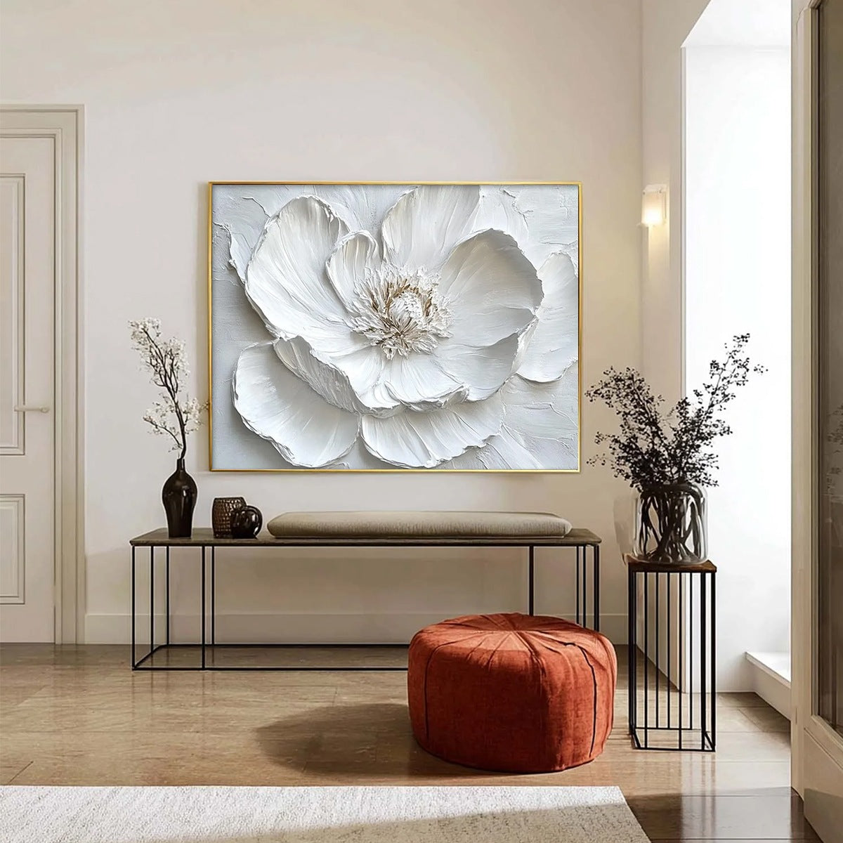 IVORY BLOOM: Minimalist Textured Floral Oil Painting - Image 3