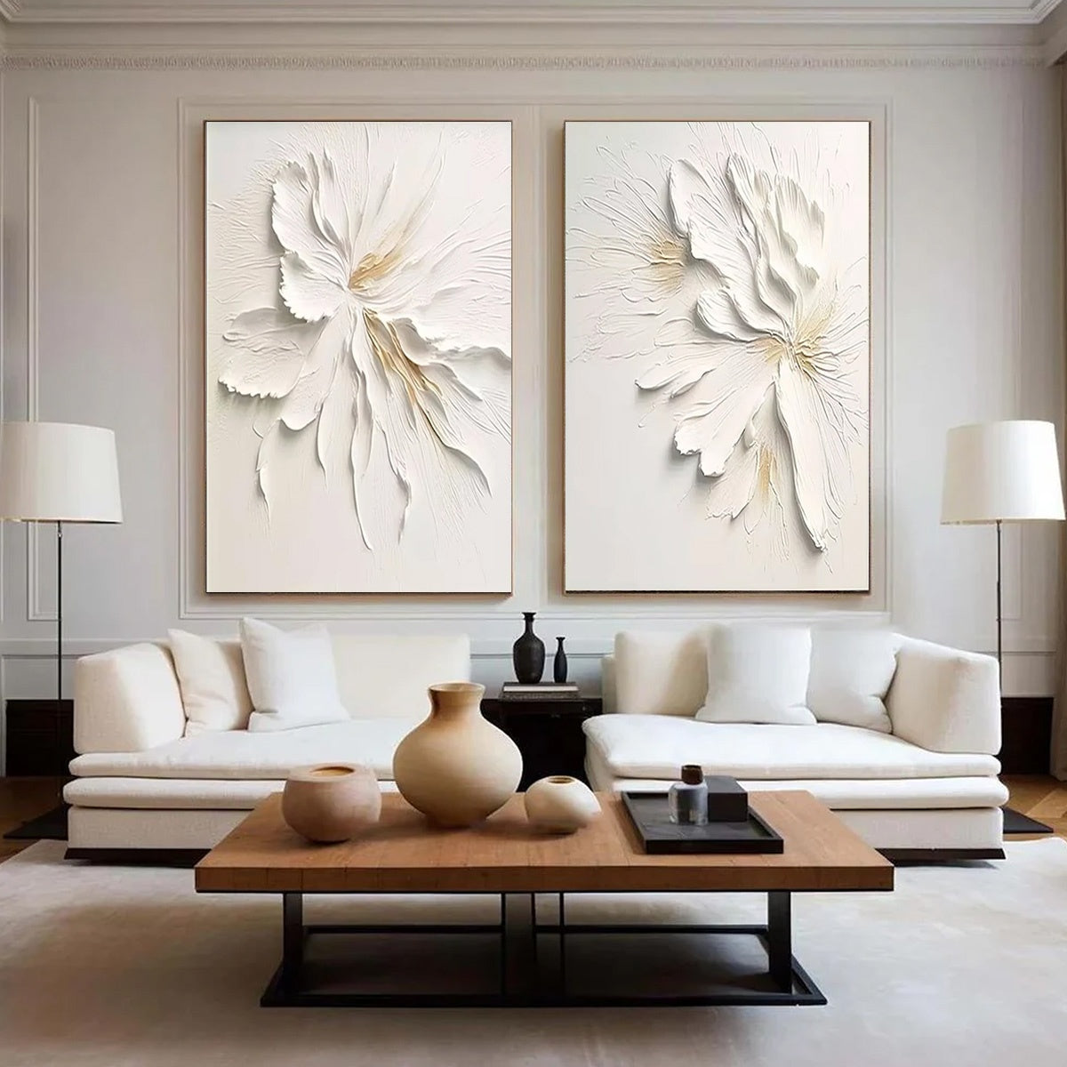 IVORY WHISPERS: Textured White Floral Impasto Painting Set - Image 3