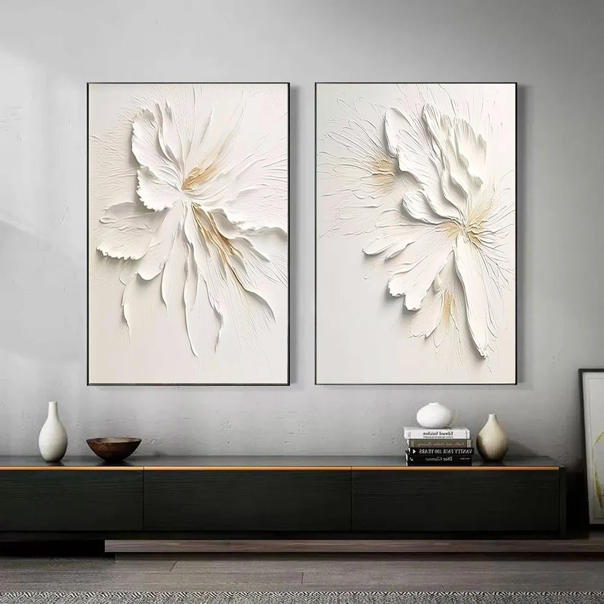 IVORY WHISPERS: Textured White Floral Impasto Painting Set - Image 2