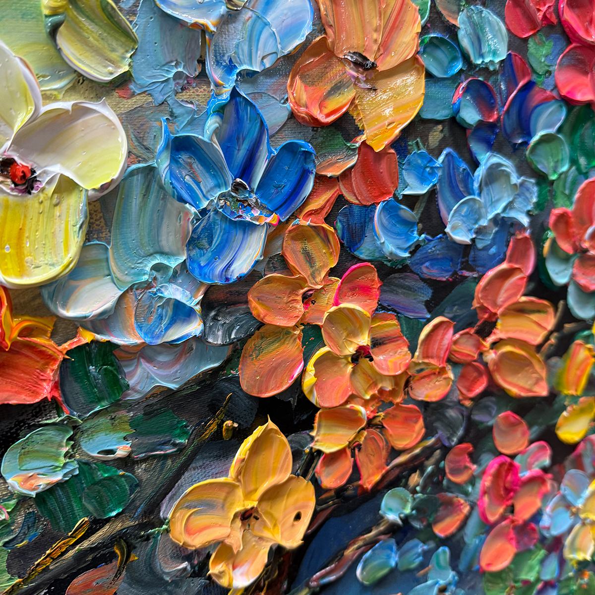 RAINBOW BLOOM: Impasto Palette Knife Floral Tree Painting - Image 3