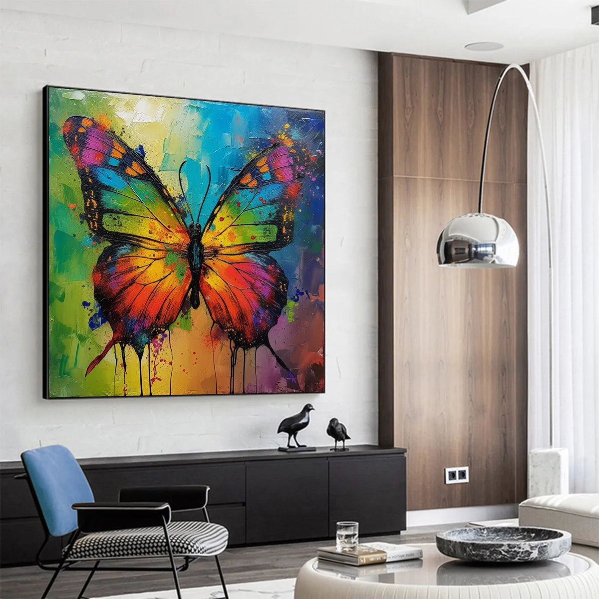 IRIDESCENT WINGS: Square Colorful Butterfly Oil Painting on Canvas - Image 3