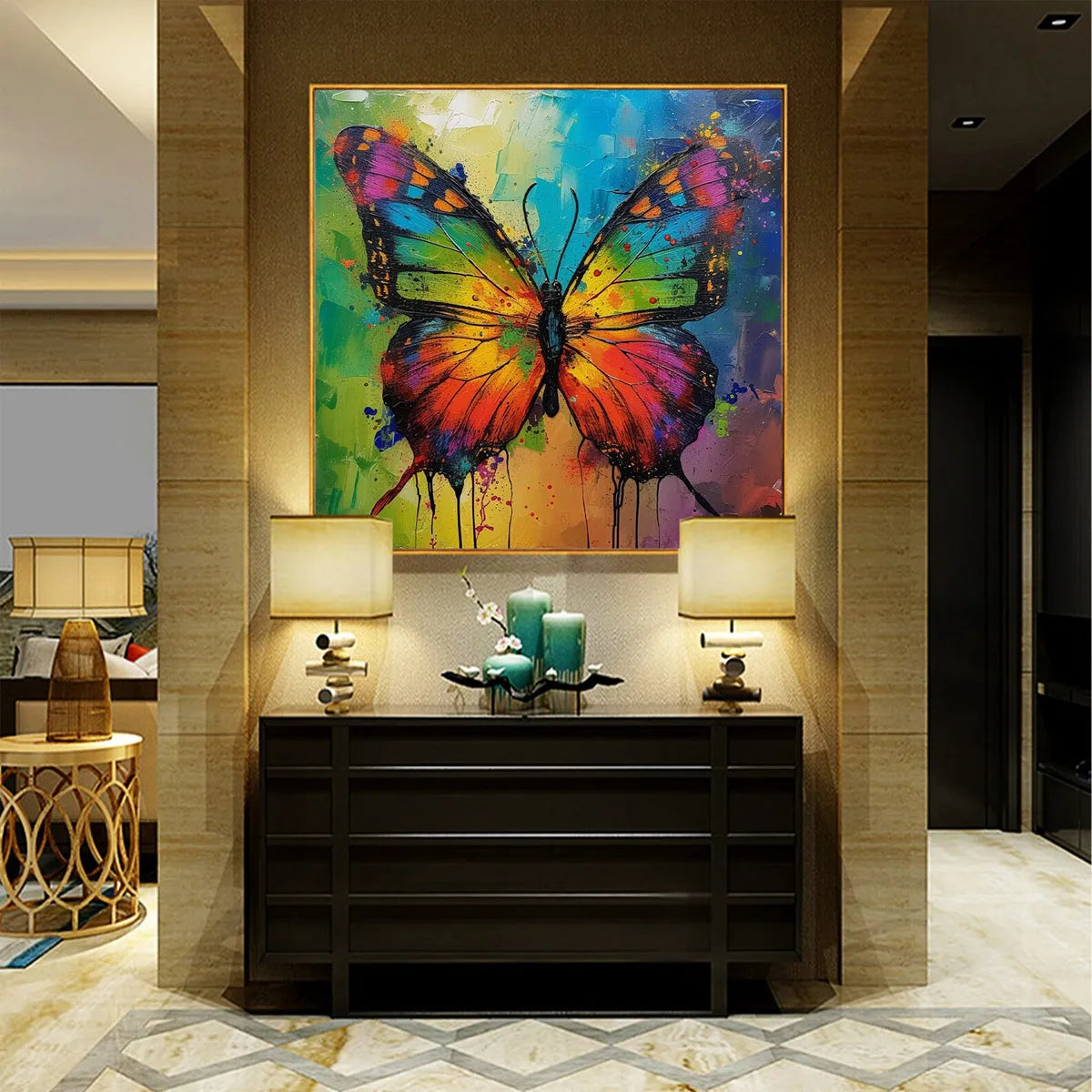 IRIDESCENT WINGS: Square Colorful Butterfly Oil Painting on Canvas - Image 2