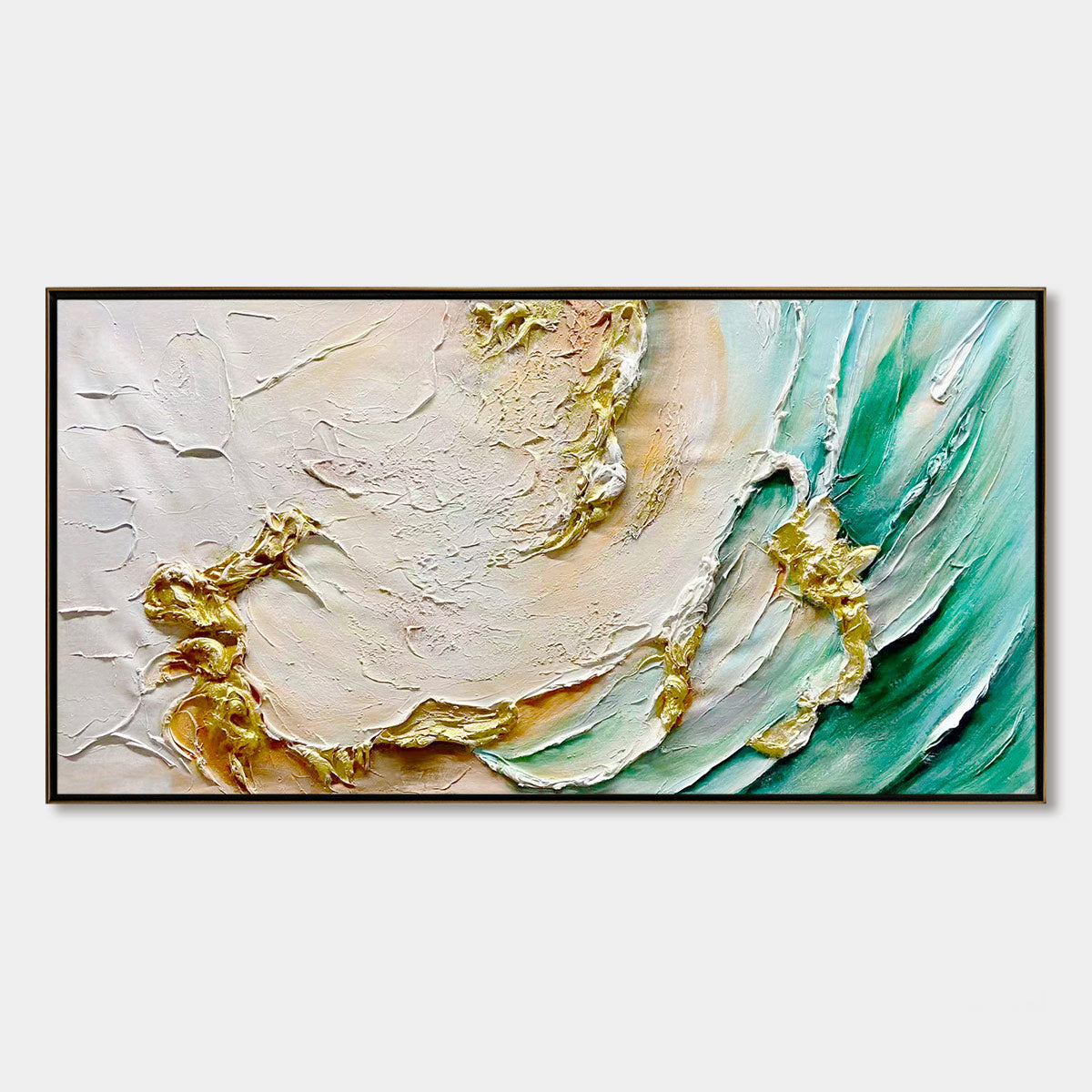 Ready to Ship | Jade Aurora: Abstract Gold-Green Impasto Oil Painting - Image 3