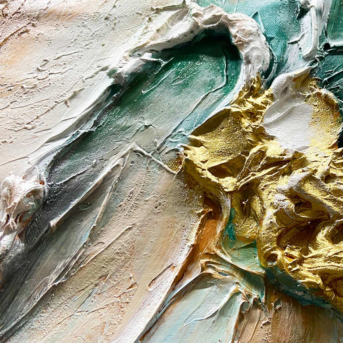 Ready to Ship | Jade Aurora: Abstract Gold-Green Impasto Oil Painting - Image 2