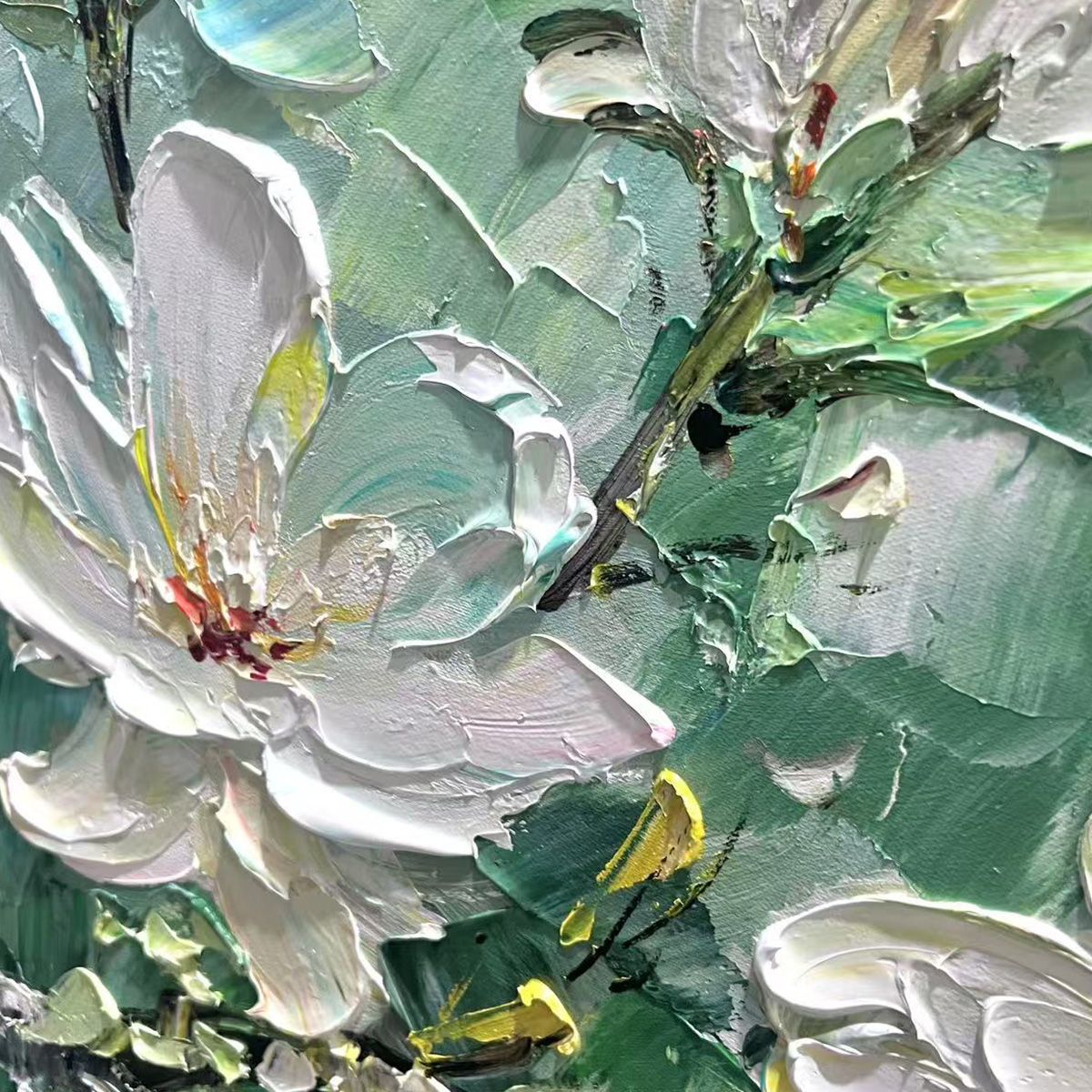 JADE MAGNOLIAS: White Magnolia Impasto Painting for Living Room - Image 3