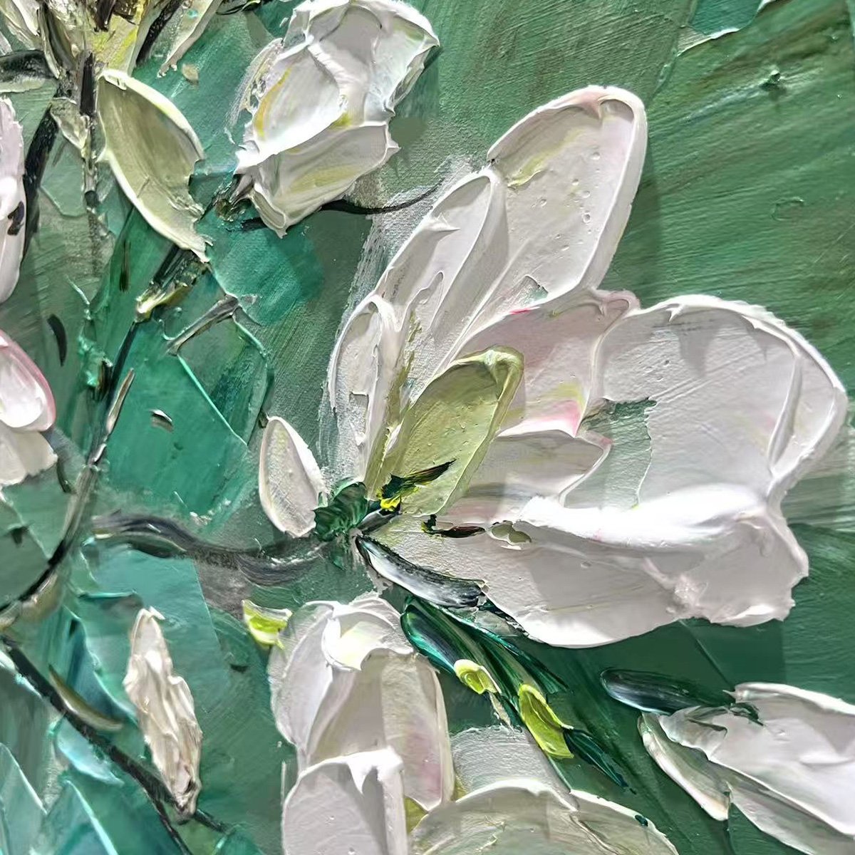 JADE MAGNOLIAS: White Magnolia Impasto Painting for Living Room - Image 6