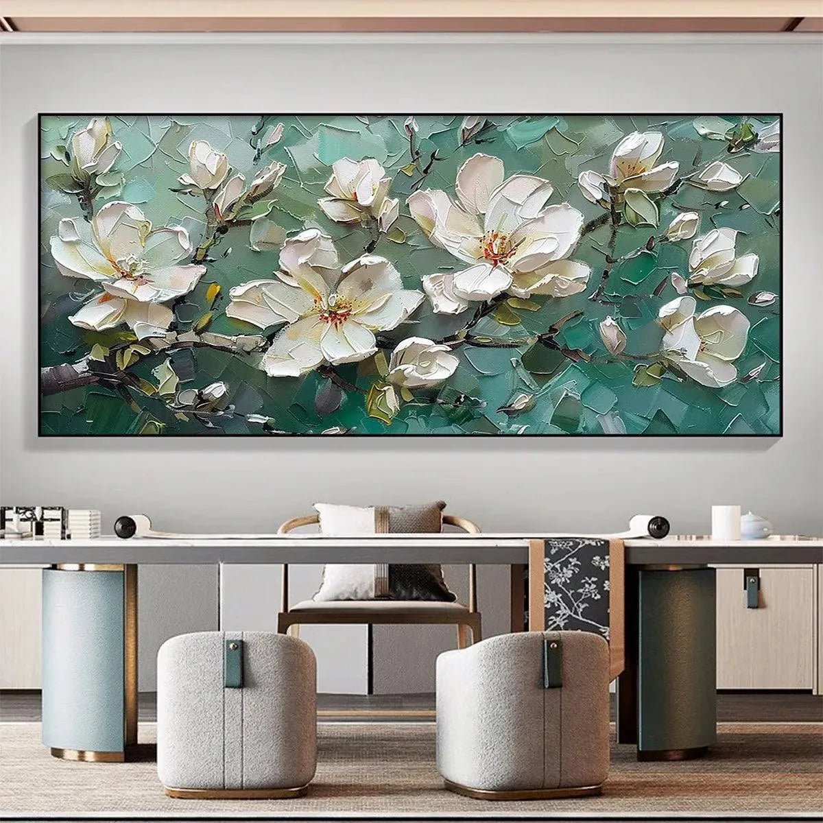 JADE MAGNOLIAS: White Magnolia Impasto Painting for Living Room - Image 9