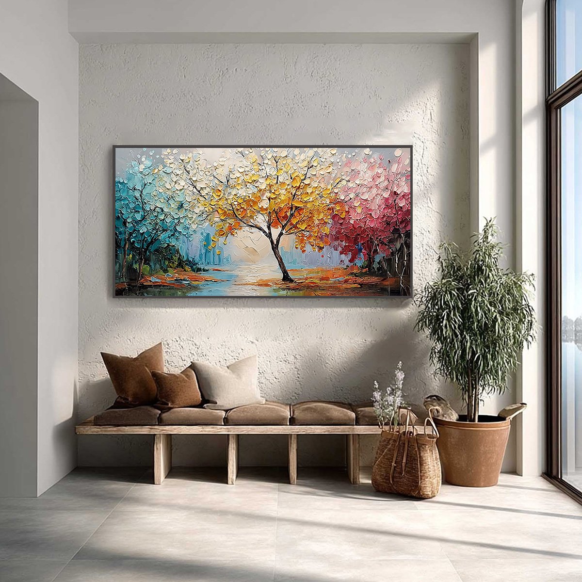 KALEIDOSCOPE OF SEASONS: Large Textured Palette Knife Tree Landscape Oil Painting - Image 2